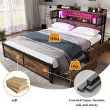 Metal Bed, 4ft6 Double 135x190cm with LED, 2 Drawers & 3 Charge Ports, Black/Wood