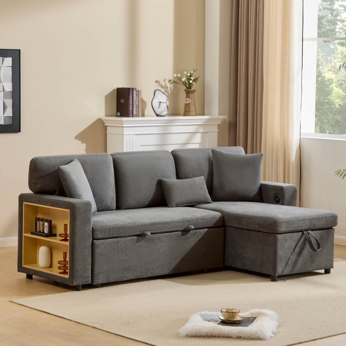 3 Seater L-Shaped Sofa Bed – Pull-Out Corner Couch with Open Storage, Bed Box and Shelf