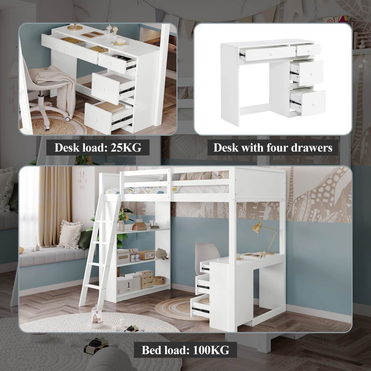 3ft Kids Bunk Bed with Desk & Storage – White Wooden Bed with 4-Step Ladder, Drawers & Shelves