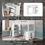 3ft Kids Bunk Bed with Desk & Storage – White Wooden Bed with 4-Step Ladder, Drawers & Shelves