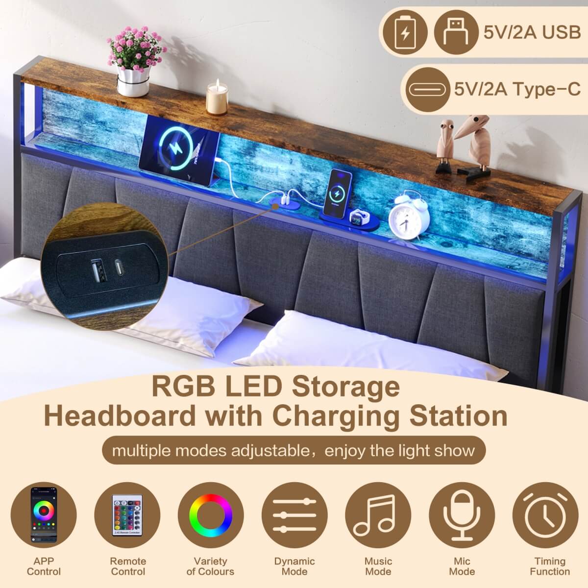 4ft6 Double Bed Frame with RGB LED Headboard - Metal Storage Bed with Charging Station & Drawers, Black Walnut