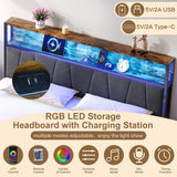4ft6 Double Bed Frame with RGB LED Headboard - Metal Storage Bed with Charging Station & Drawers, Black Walnut