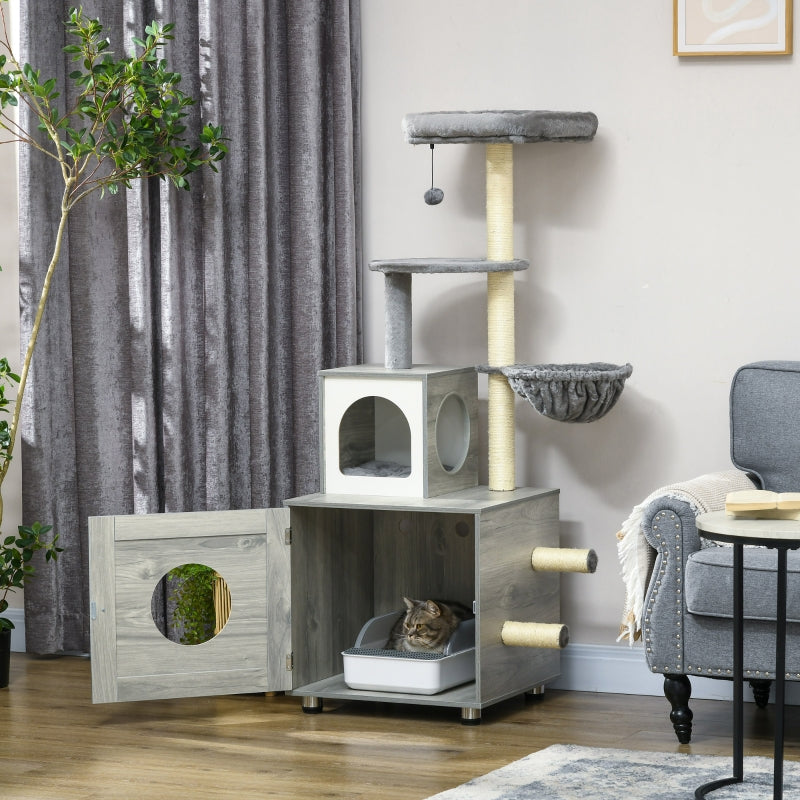Enclosed Cat Litter Box, Cat House, Cat Bed, Scratching Posts, Platforms, Grey