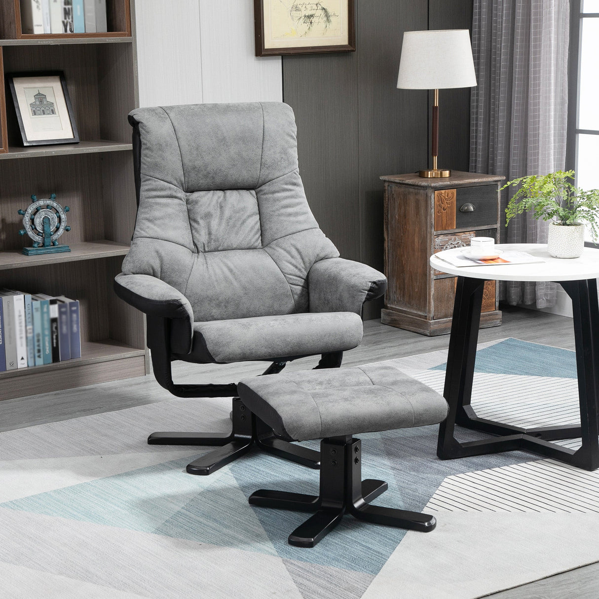 Fabric Recliner Sofa Armchair with Footstool, Swivel, Grey