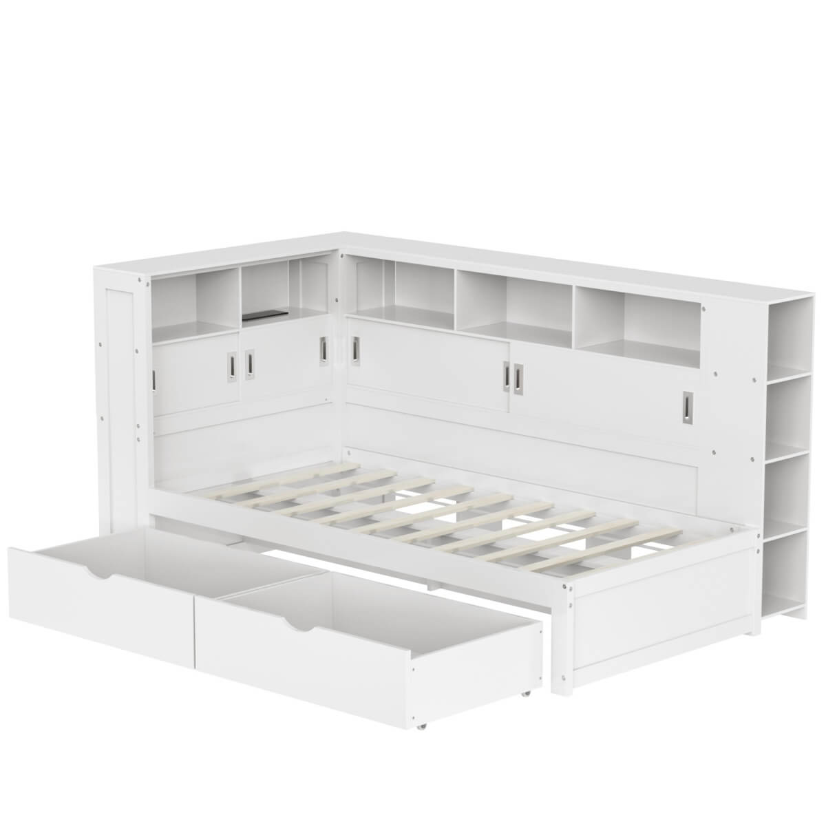 3ft Single Platform Bed with Trundle & Storage - Bed Frame with USB Charging and Bookcase