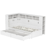 3ft Single Platform Bed with Trundle & Storage - Bed Frame with USB Charging and Bookcase