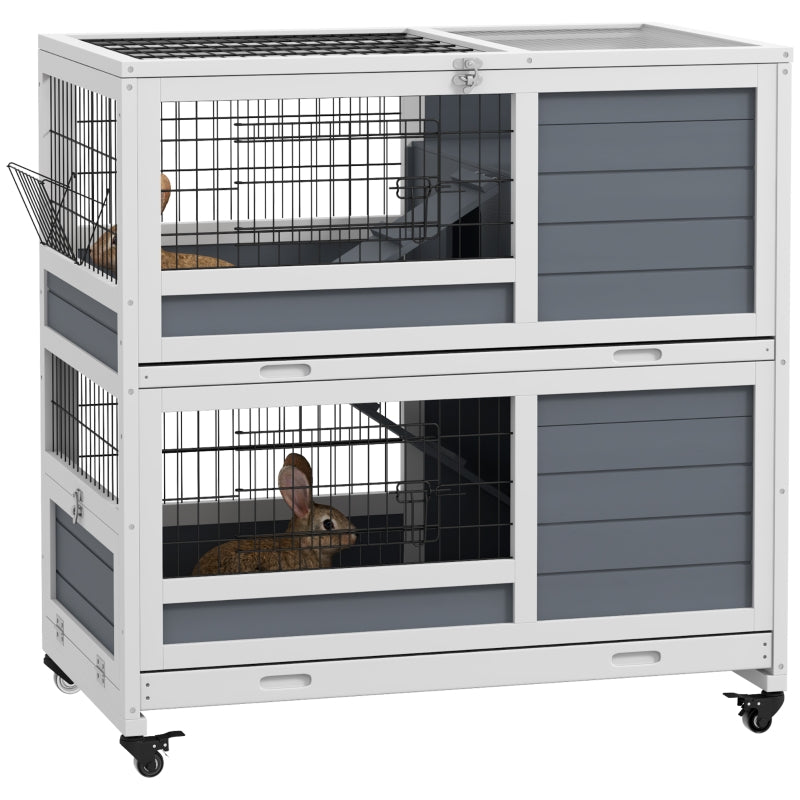 Double Deckers Guinea Pig Cage, Indoor Rabbit Hutch with Feeding Trough, Trays, Ramps, Openable Top - Grey