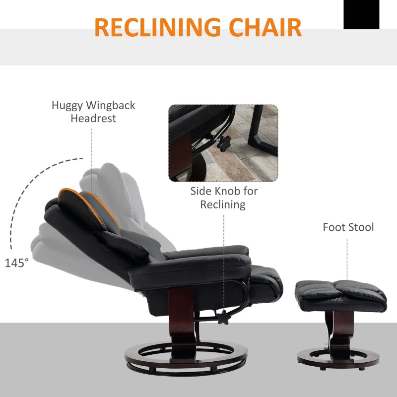 360?? Swivel Recliner Chair with Footstool, Manual Recliner Armchair, Black PU Leather