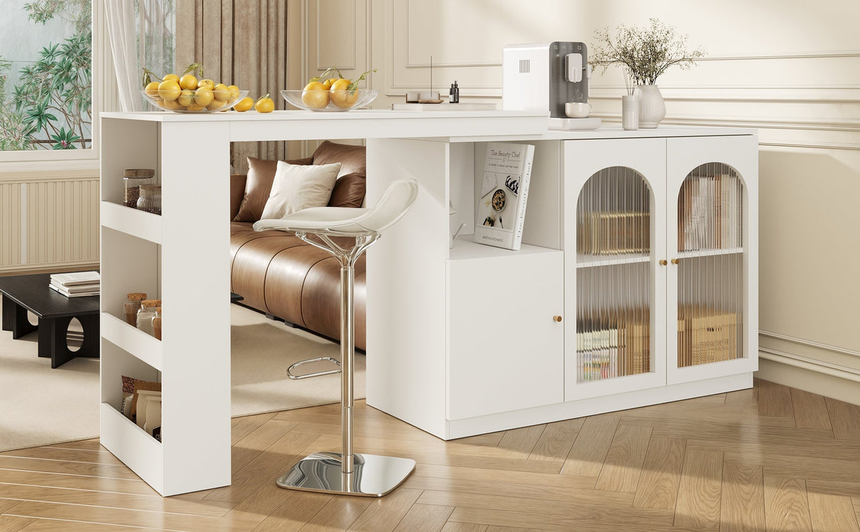 Bar Table, 360?? Rotating Dining & Storage Cabinet with Glass Door, White