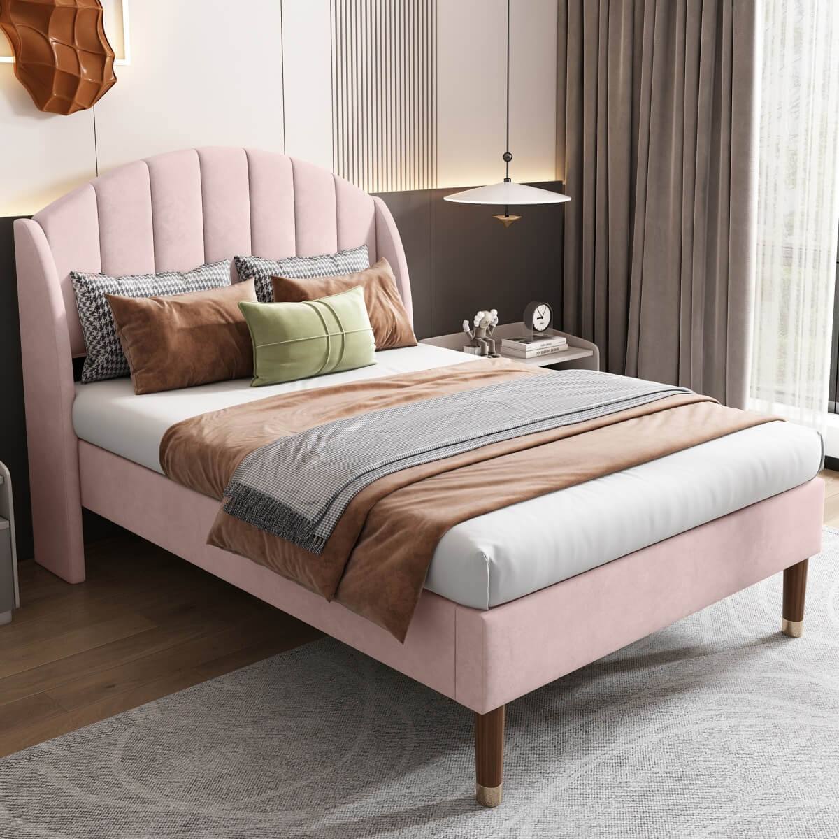 3FT Single Upholstered Velvet Bed - Slatted Frame with Headboard