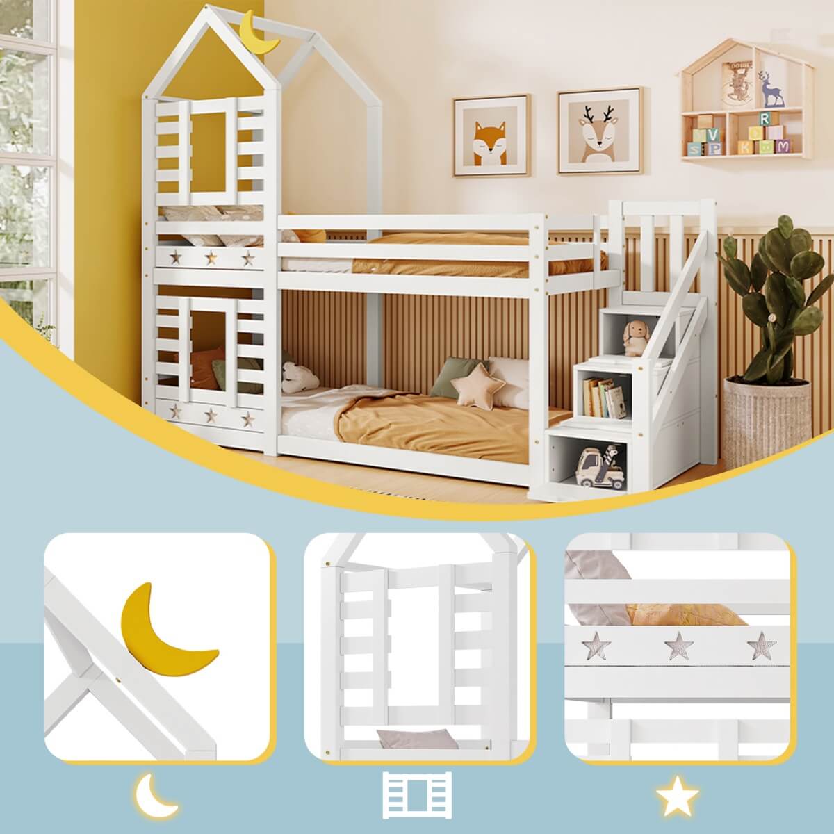 3ft White Wooden Cabin Bunk Bed for Kids - Single Bed with Storage & Window, Pine Wood