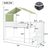 Bunk Bed with Decorative Canopy, Corner Staircase & Picture Bookshelf, 3ft 90x190cm, MDF Pinewood Plywood, White + Green