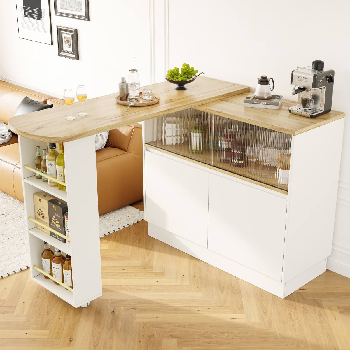 360° Swivel Kitchen High Table - Multifunctional White Sideboard with Storage and Sliding Glass Door
