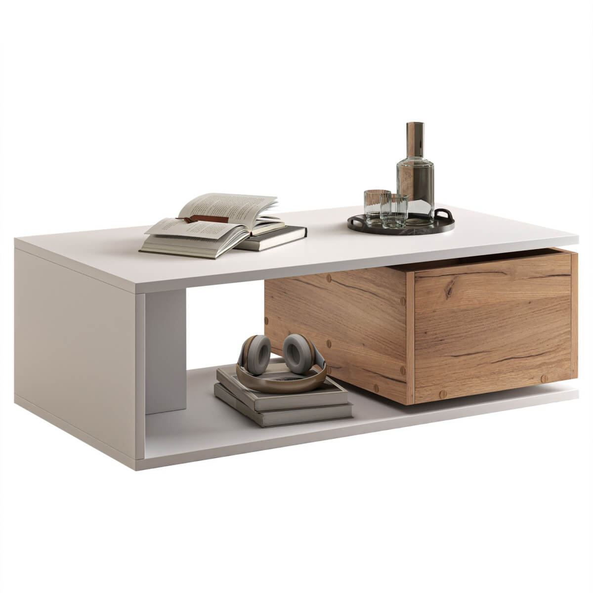 High Gloss Coffee Table with 360° Rotating Drawer – White & Wood Centre Table