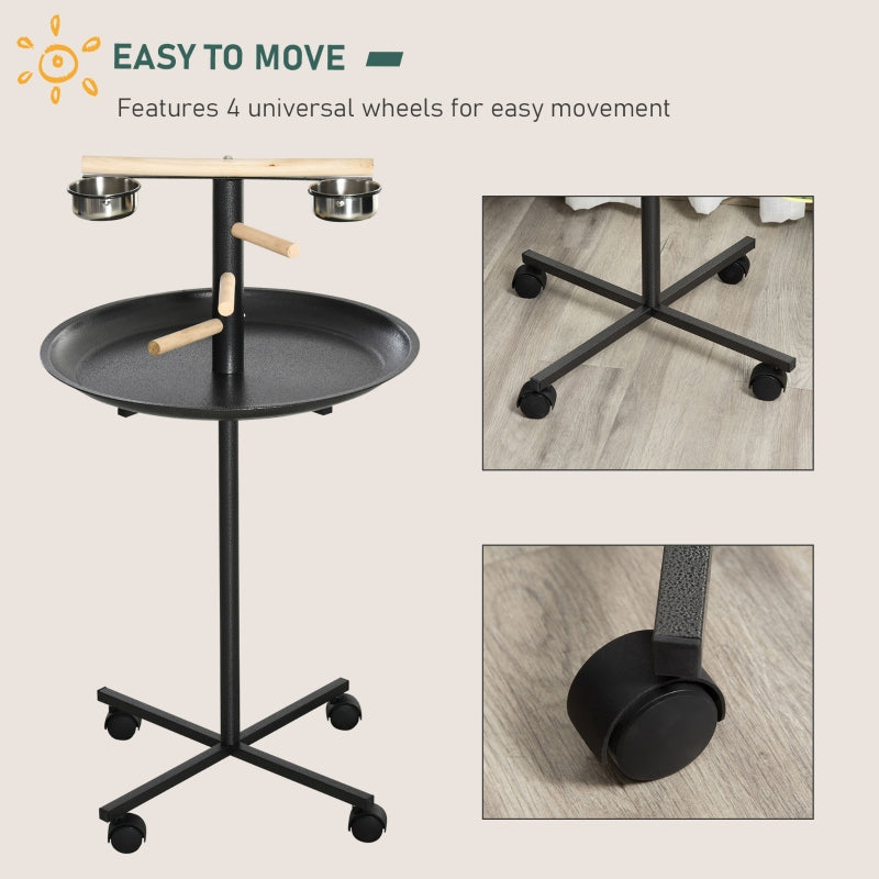 Metal Bird Table Play Stand, Bird Feeder Station, Four Wheels, Feeding Bowls, Round Tray