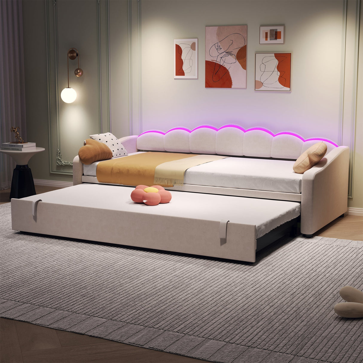 Upholstered Daybed Sofa Bed 90x190cm with RGB LED, 3ft Petal Shape Single Bed with Trundle, Velvet Beige