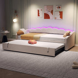 Upholstered Daybed Sofa Bed 90x190cm with RGB LED, 3ft Petal Shape Single Bed with Trundle, Velvet Beige