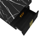 Black Rectangular Coffee Table - Marble Effect Top, 2 Wooden Drawers, 100x50x40cm