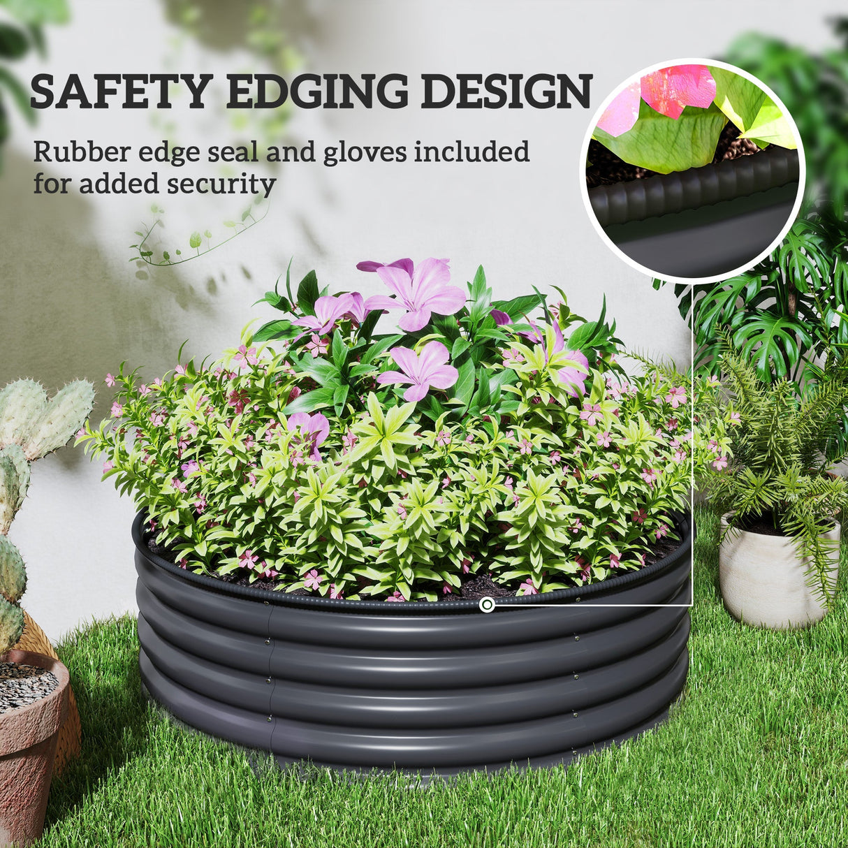 Galvanised Raised Garden Bed with Safety Edging, Outdoor Planter Box, 120 x 120 x 43cm, Dark Grey