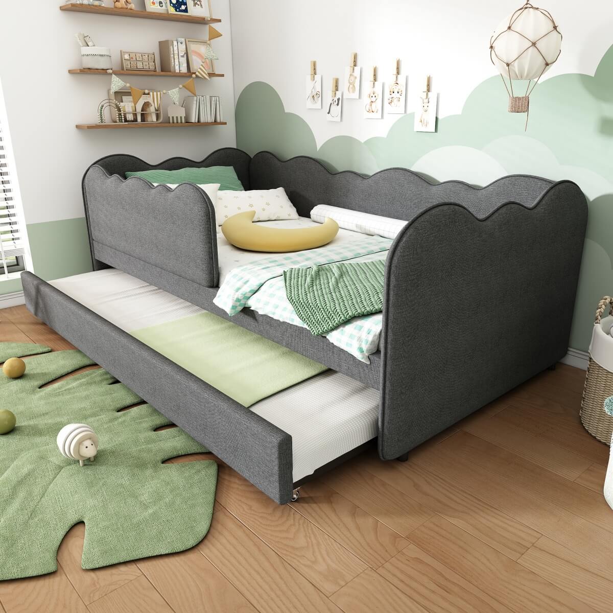 3ft Single Upholstered Daybed with Pull-Out Trundle - Linen Grey Bed for Adults & Children