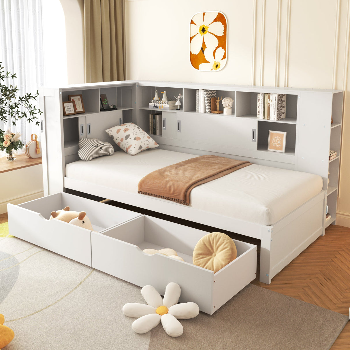 Platform Bed with Trundle, Bookcase & USB, Single 3ft, Storage Drawers and Shelves, White