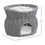 2-Tier Cat House Elevated Pet Bed, Willow Wicker with Washable Cushions, Grey
