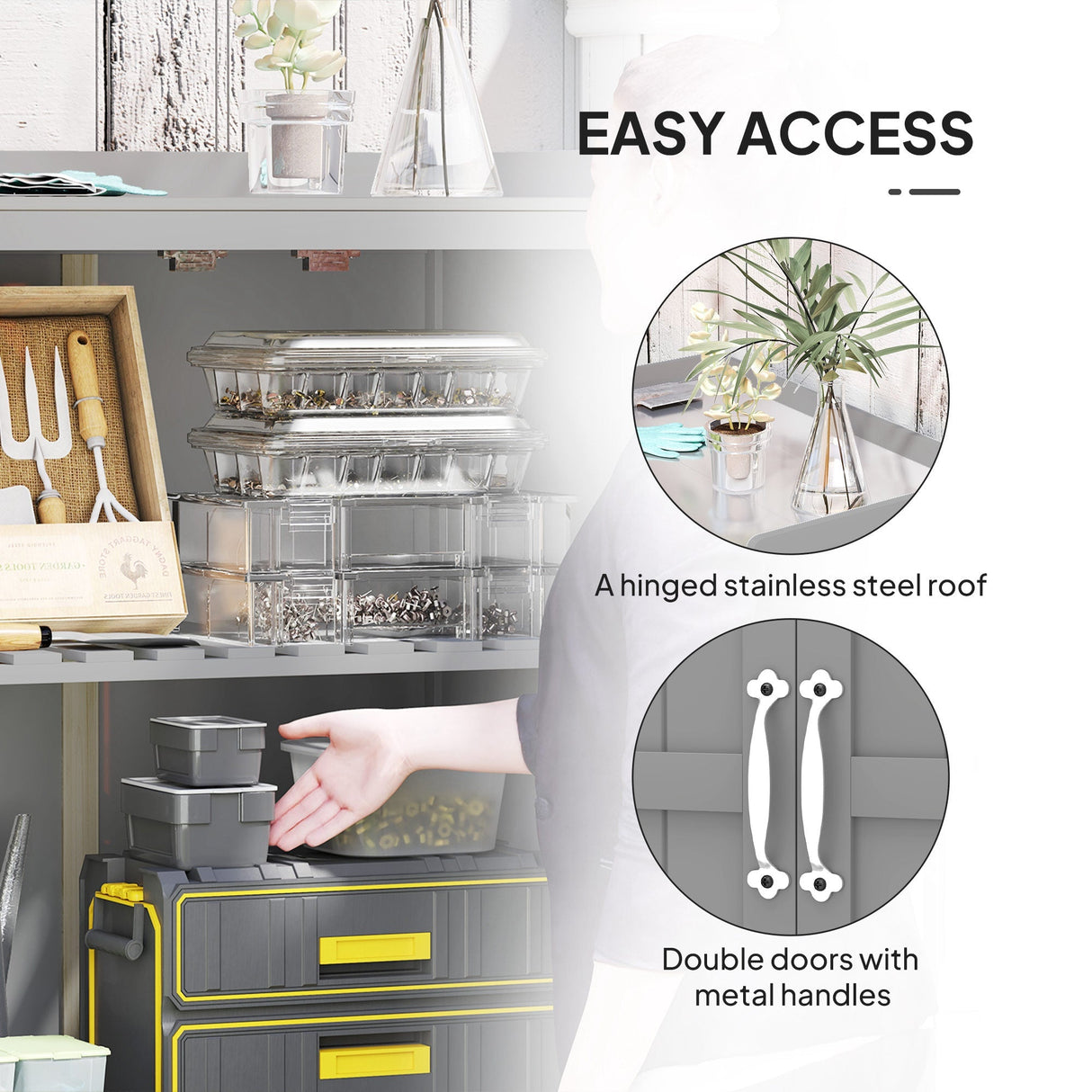 Wooden Garden Shed, Garden Tool Storage Shed with Hinged Roof and Shelf, Grey