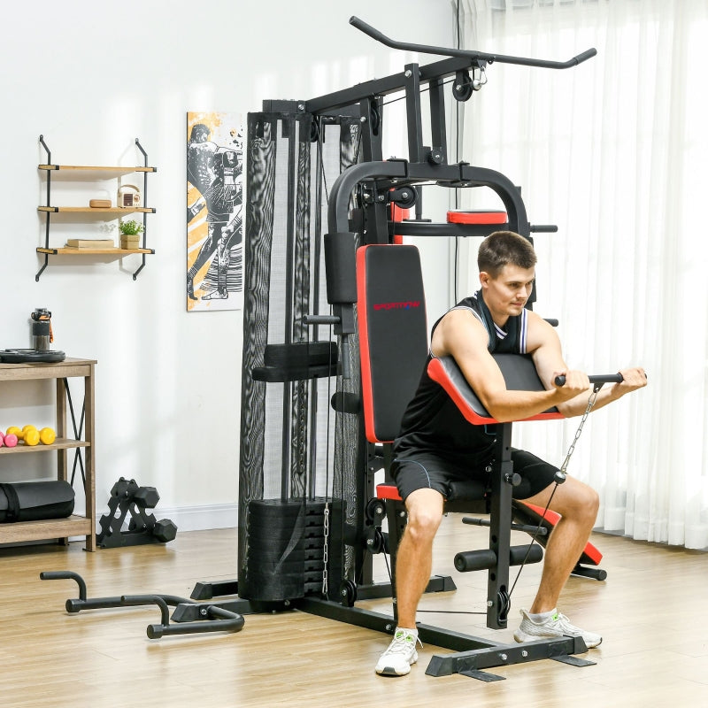 SPORTNOW Multi Gym Workout Station, 65kg Weight Stack, Sit Up Bench, Push Up Stand, Dip Station