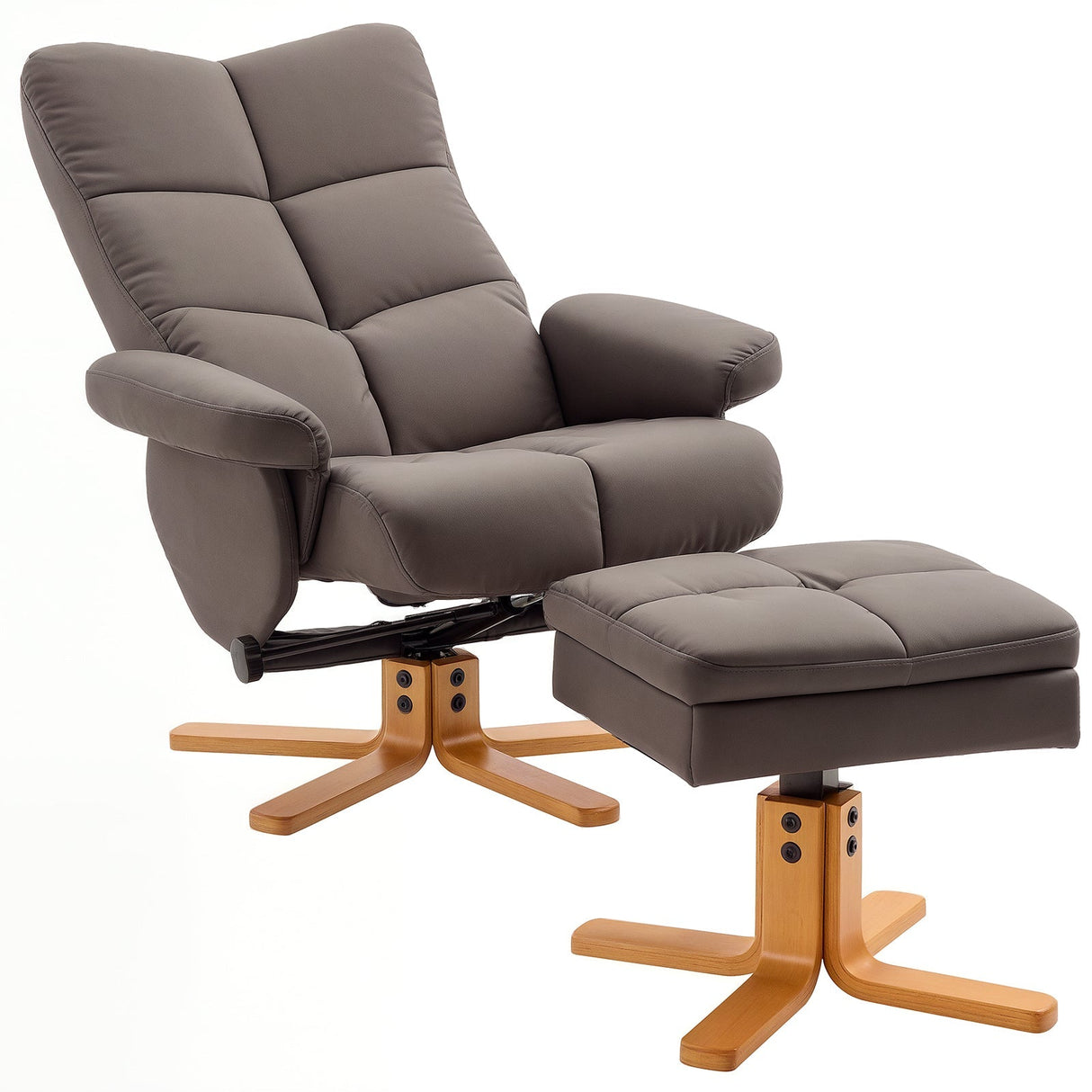 Recliner Armchair, Swivel Reclining Chair with Storage Ottoman, Faux Leather Brown