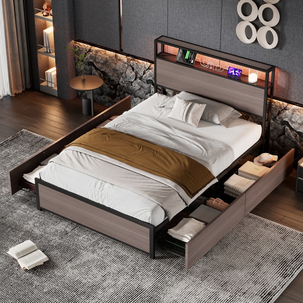 3FT Metal Bed Frame with LED Lights & 4 Drawers - Single Storage Bed with USB & Type-C Charging, Grey