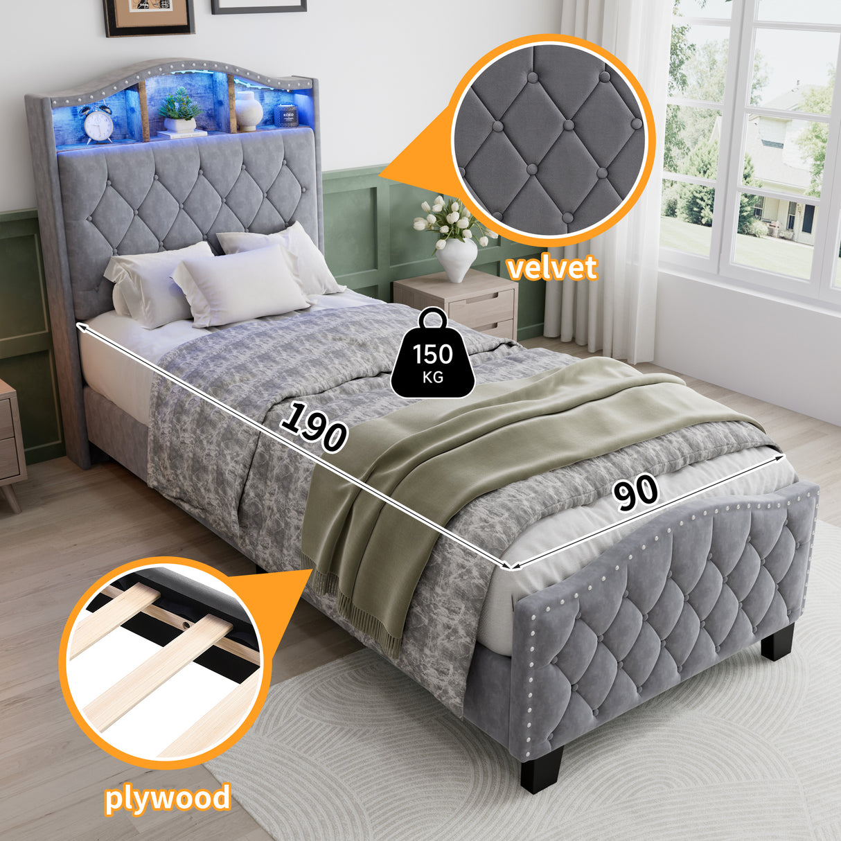 Upholstered Bed, 3FT single bed 90x190cm, Storage Bed, Soft backrest,With bed slats, With LED light strip,For adults & teenagers, Velvet, Grey
