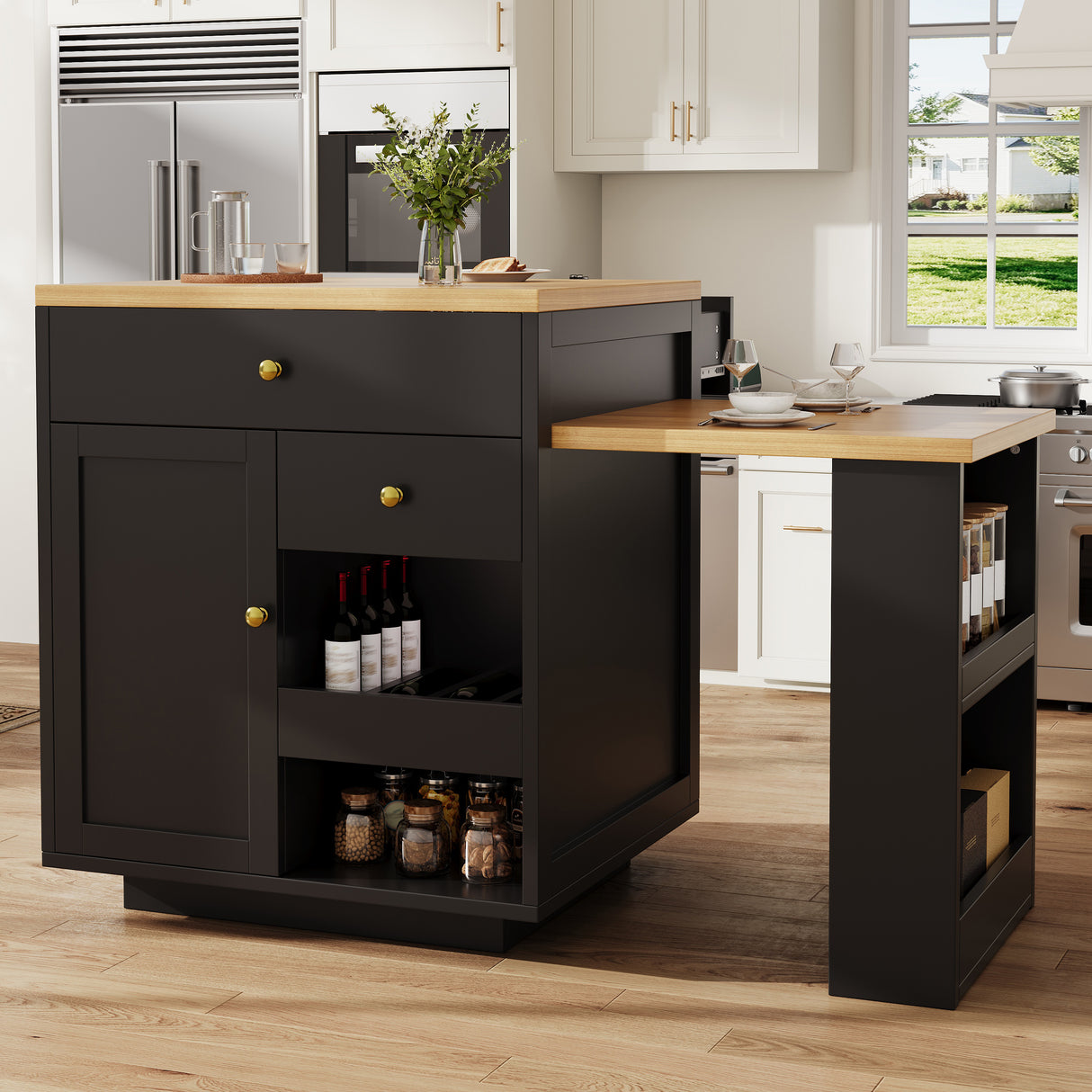 Extendable bar table with storage (122.5-195.57093.8cm), with three drawers and wine rack, kitchen island with extendable table, for 2-6 people, kitchen dining cart with side shelves, black