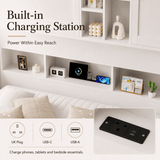3ft Single Kids Storage Bed with Overbed Cabinets - White Bed Frame with 2 Drawers, RGB LED Lights, USB Charging Station and PU Headboard