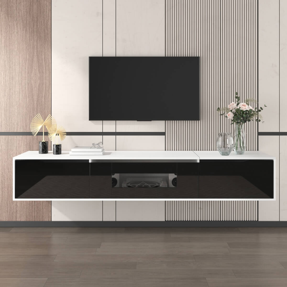 High-Gloss TV Cabinet – White & Black, LED Colour-Changing Lights
