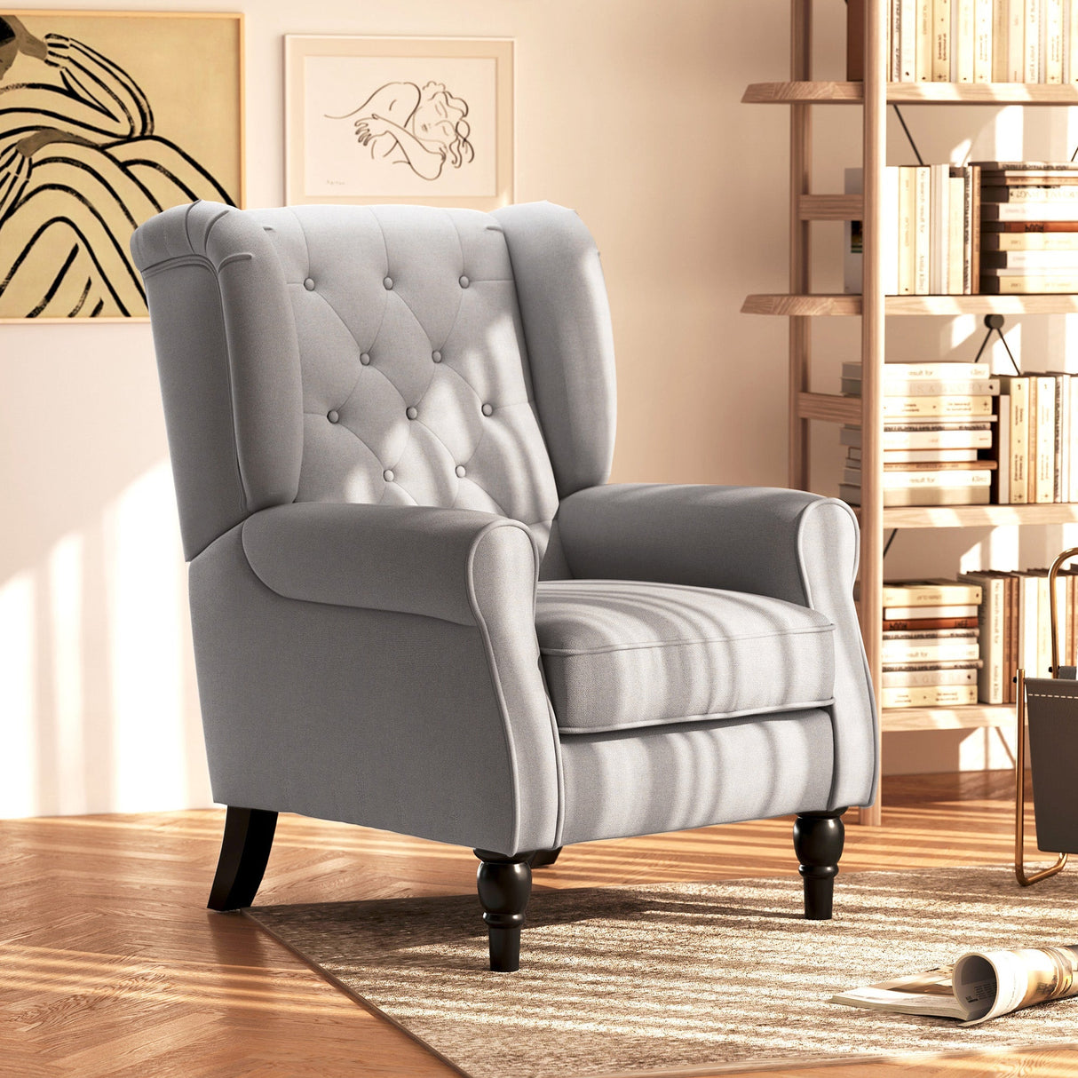 Retro Accent Chair, Wingback Armchair Wood Frame Button Tufted Design, Grey