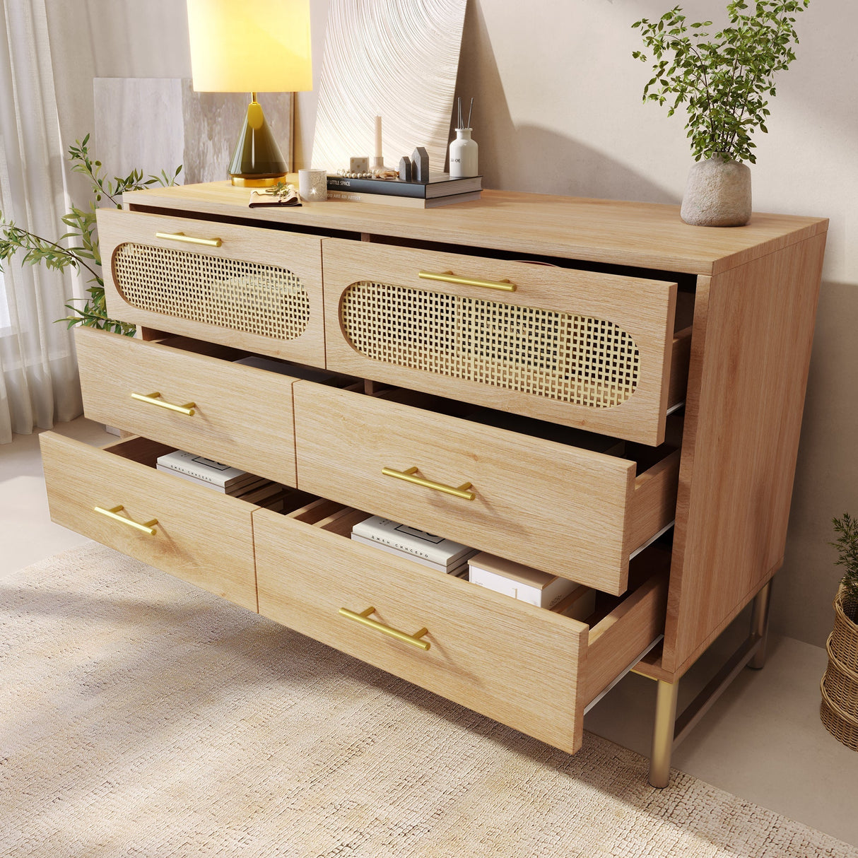 Rattan Sideboard Storage Cabinet with 6 Drawers, Cupboard Sideboards for Living Room, Bedroom, and Hallway, Metal Handles, Anti-Tip, 120 x 40 x 74 cm, Oak