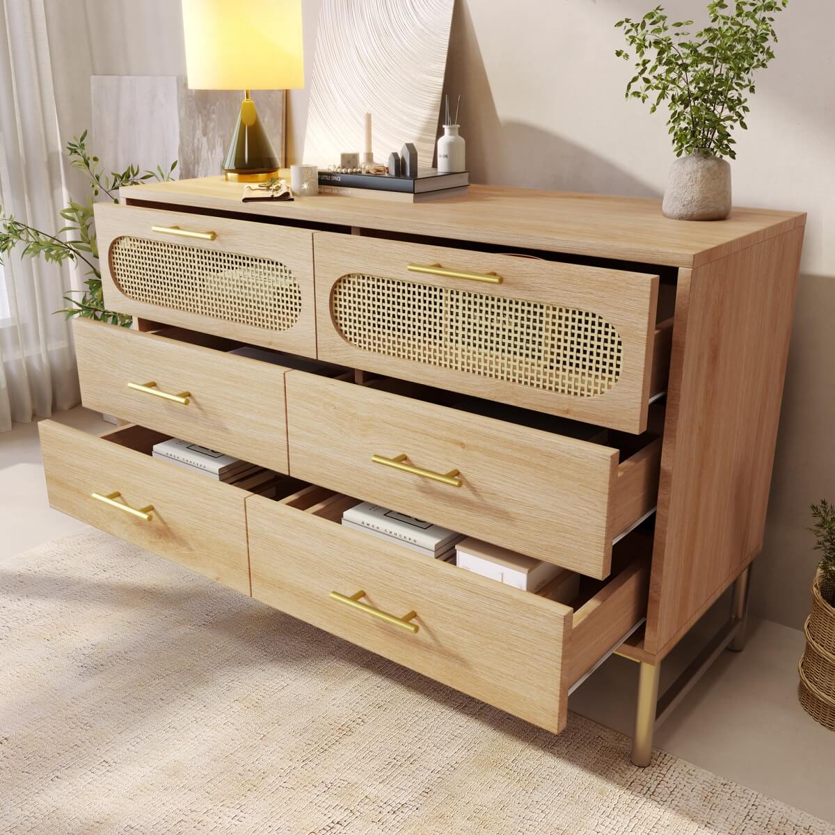 Rattan Sideboard Cabinet with 6 Drawers - Wooden Storage Cupboard for Living Room, Oak