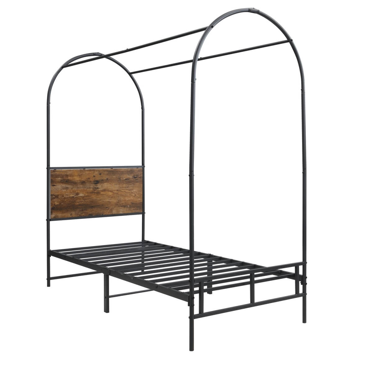 3ft Single Metal Canopy Bed - Sturdy Iron Bed Frame for Adults & Teenagers, Black & Wood