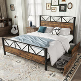 Metal Bed 4ft6 Double 135x190cm with 2 Drawers, Durable Sturdy Multifunctional Iron Storage Bed, Black+Wood Color