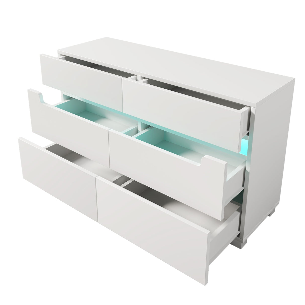 Sideboard Cabinet Dresser with 6 Drawers, RGB LED Storage, Cut-out Handles, White
