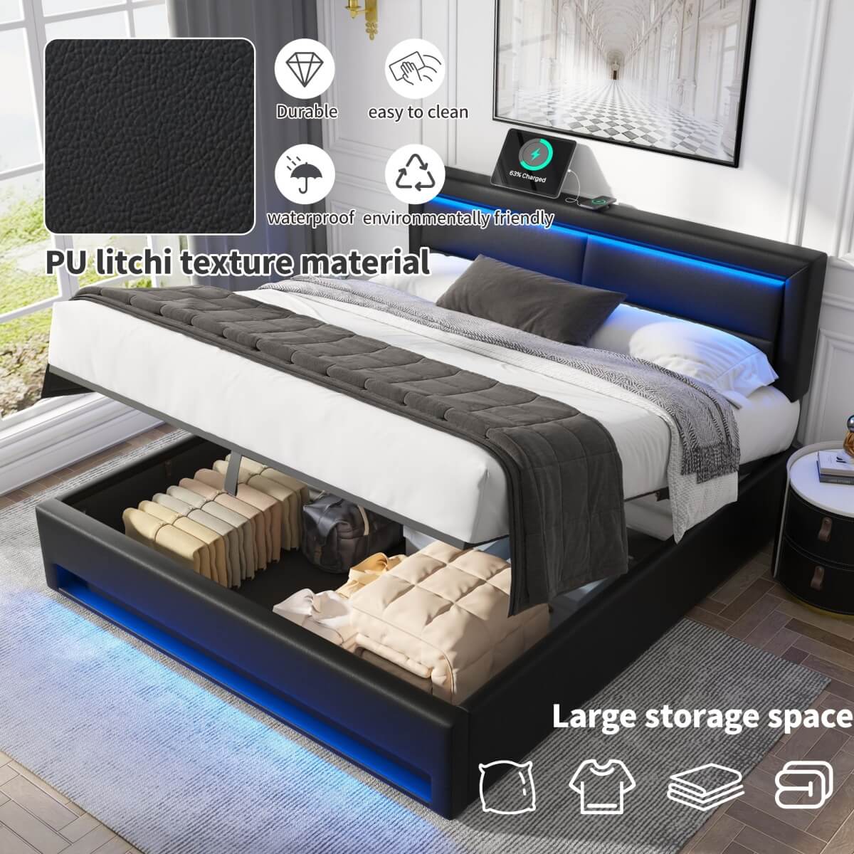 5ft King Size Upholstered LED Storage Bed - USB & Wireless Charging Bed Frame, Black