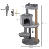 Cat Tree 104 cm, Condo Tower Activity Centre with Scratching Posts, Plush Perch, Hanging Ball - Grey
