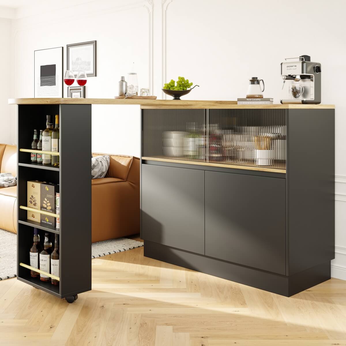 360° Swivel Kitchen Bar Sideboard - Modern Black Multifunctional Storage Cabinet with Glass Shelves