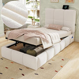 3ft Bouclé Upholstered Storage Bed - Single Hydraulic Bed with Headboard, Beige