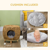 Cat Bed Cat House Stool, Washable Cushion, Wicker