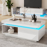 High Gloss Coffee Table – LED RGB Lights, Drawer Storage & Open Shelf, White