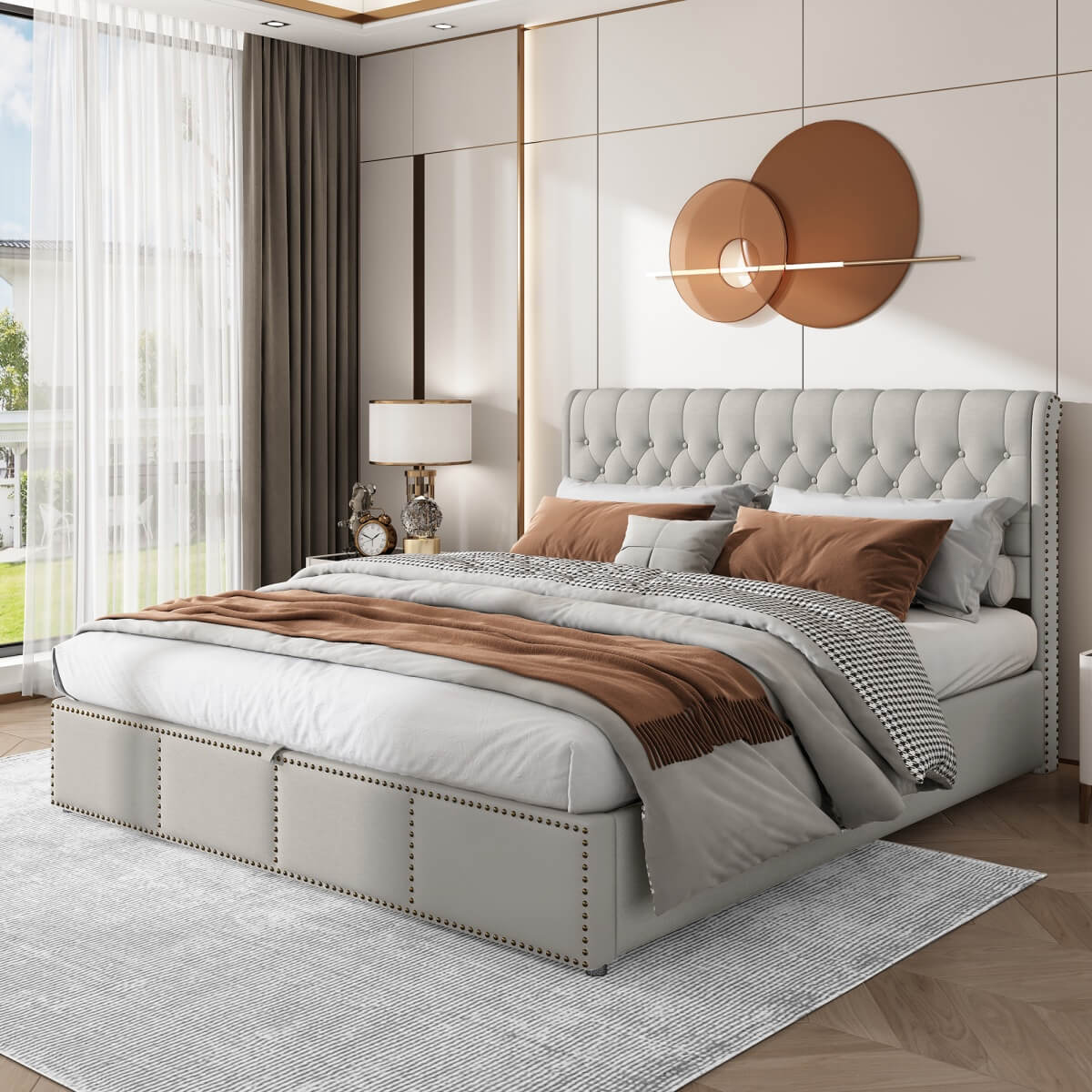 6FT Super King Upholstered Storage Bed - Hydraulic Ottoman Bed Frame with Rivets, Light Grey