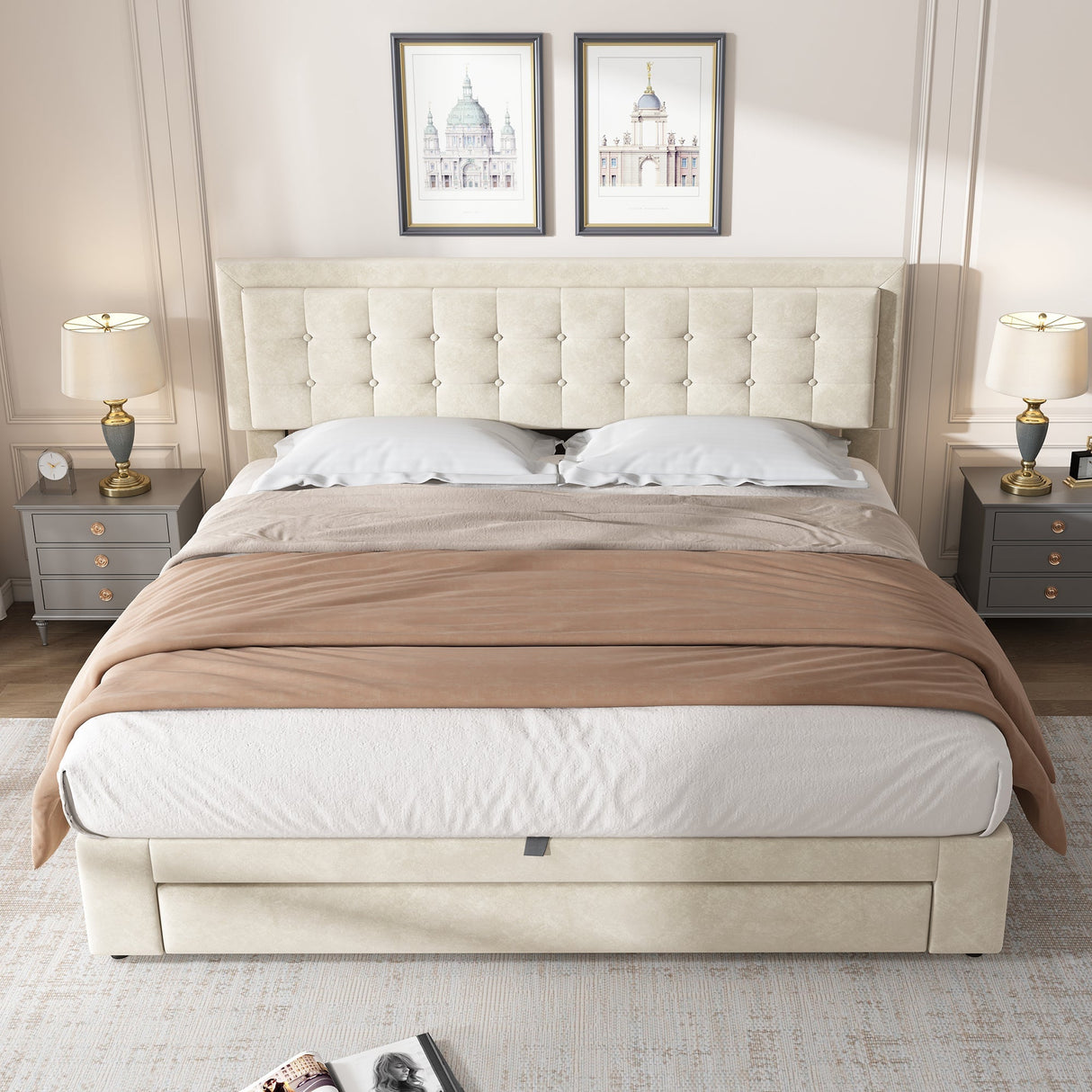 Upholstered Bed, Super King Size 6ft (180x200cm) with Storage, Slats and Headboard, Cream Velvet