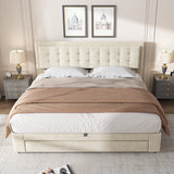 Upholstered Bed, King Size 150x200cm with Large Storage, Slats and Headboard, Velvet Fabric, Cream