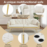 2-Seater Convertible Sofa Bed – Adjustable Backrest with Gold Accents and Built-in Cup Holders